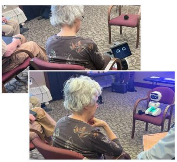 Two-photo collage showing a seated participant facing different small companion robots.