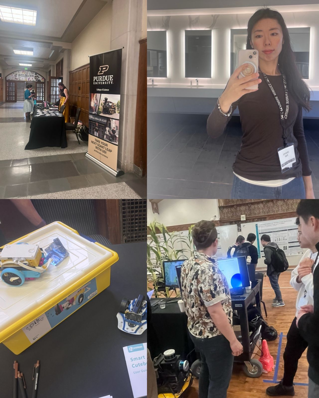 Collage of a Purdue Robotics Day visit, including an event sign, badge, exhibits, and attendees.