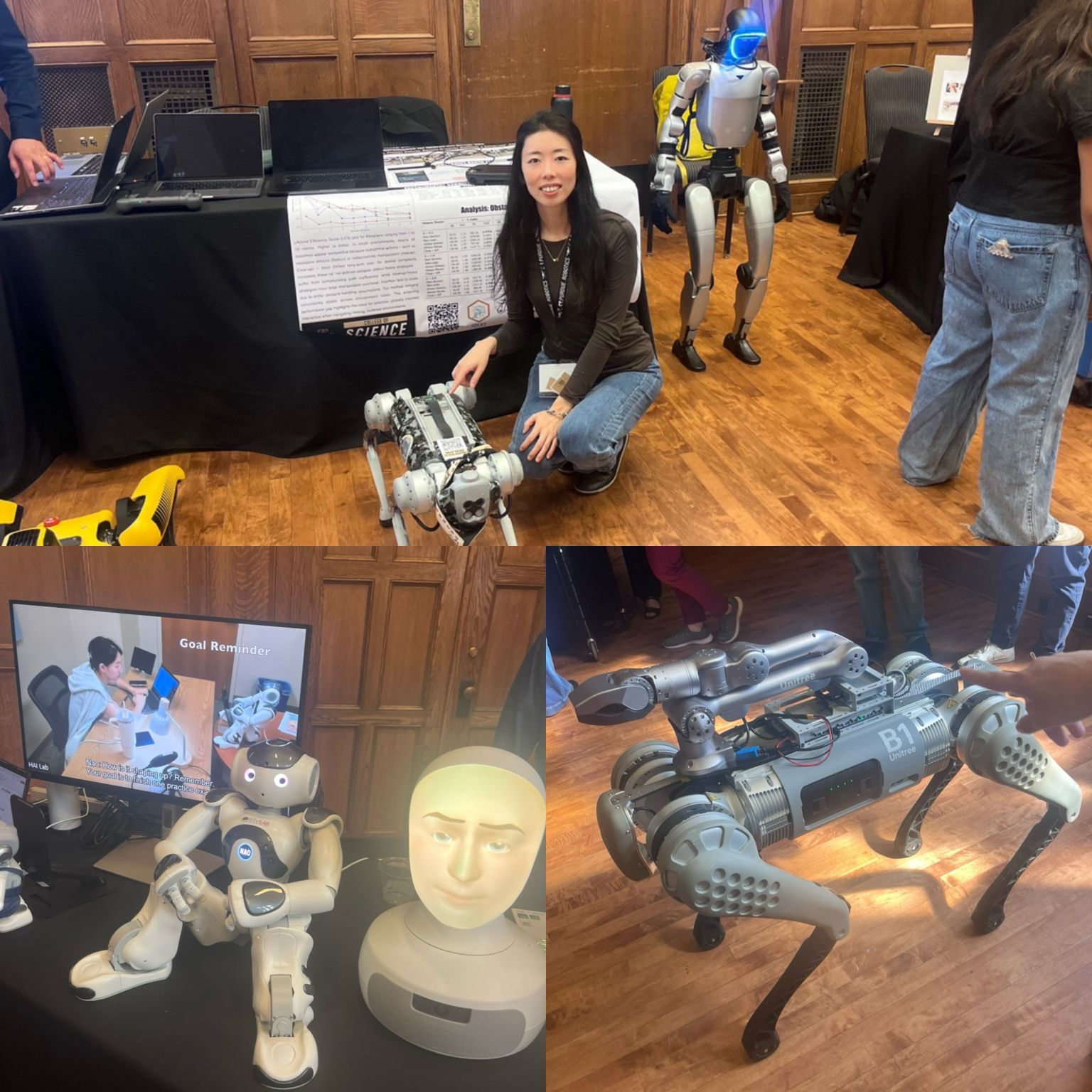 Collage of a visitor with a robot dog and displays of humanoid and quadruped robots.