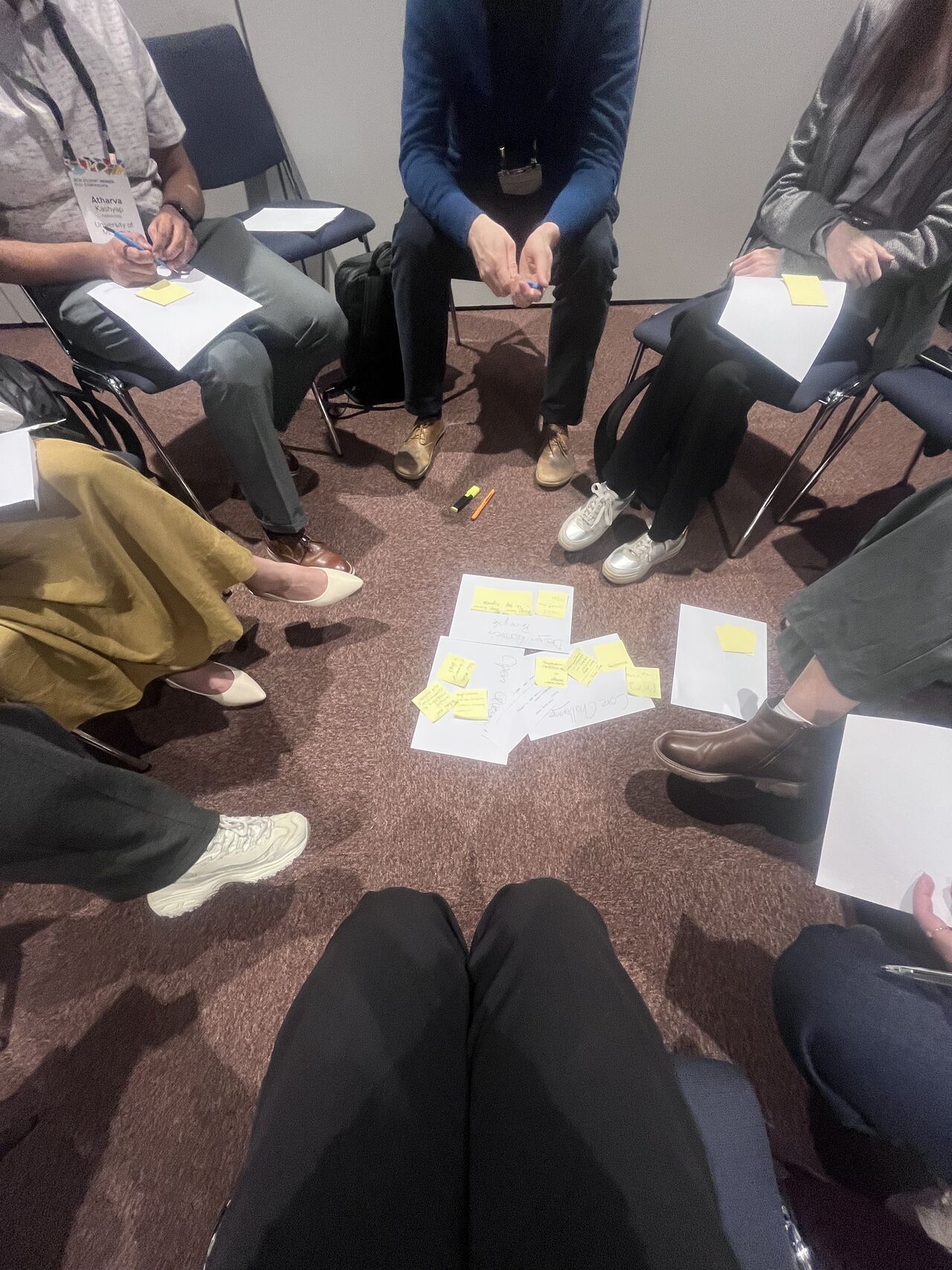 Participants arrange paper sheets and sticky notes on the floor.