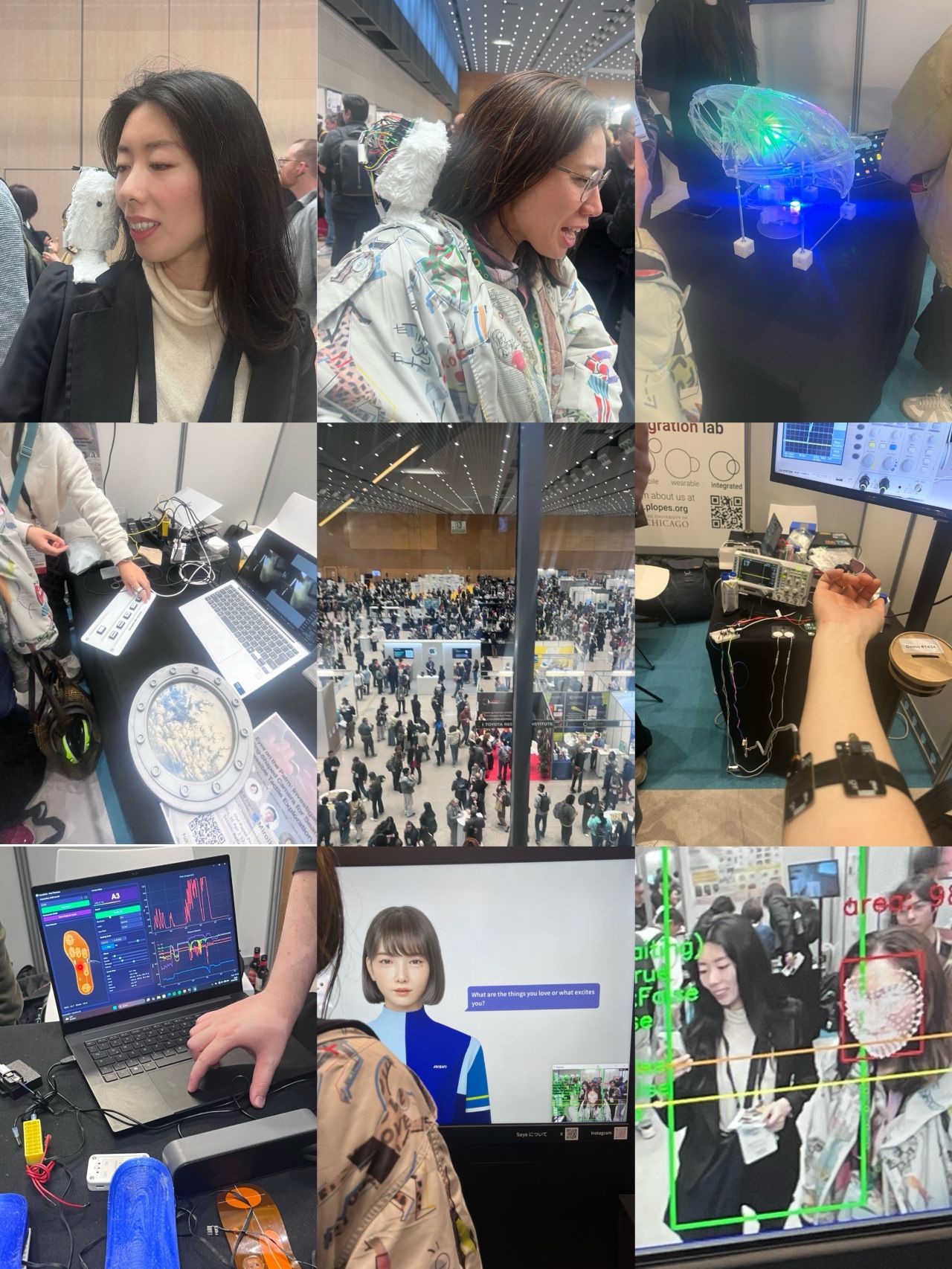 Collage of conference conversations, robotic demonstrations, exhibits, and presentations.