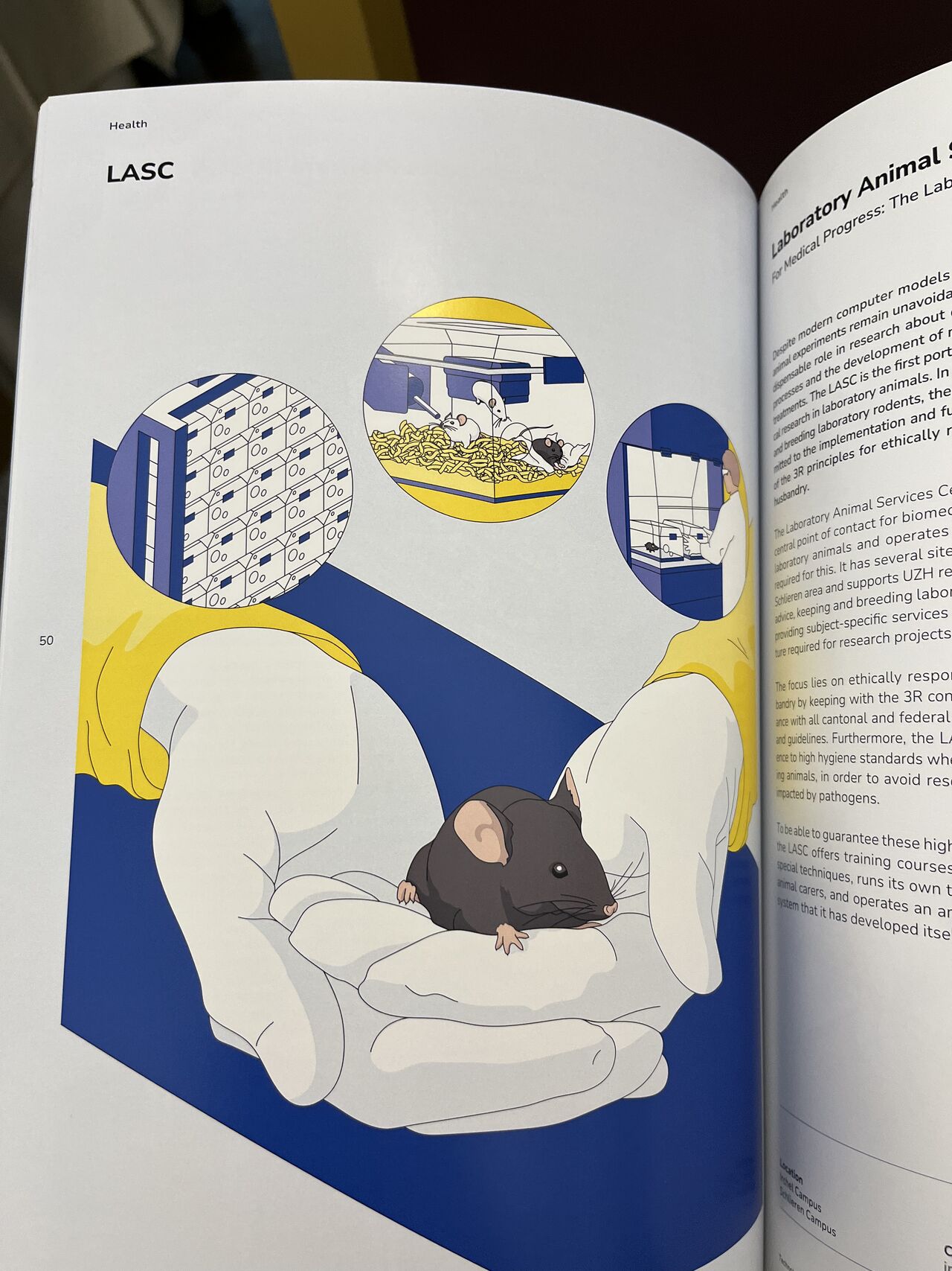 An open publication shows an illustration of a small companion device on an armchair.