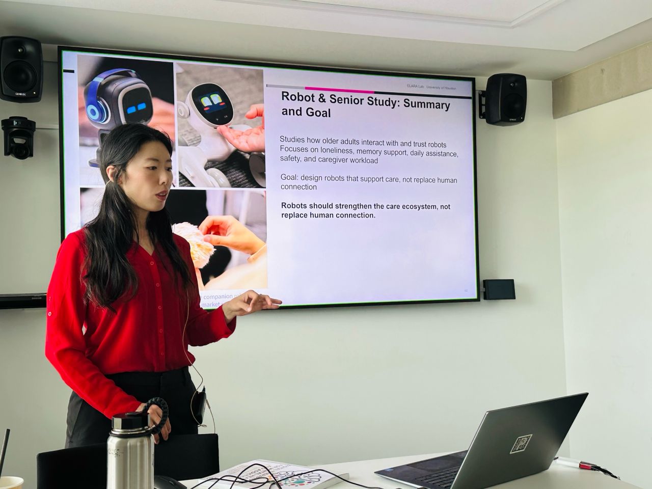 A presenter discusses a slide titled Robot and Senior Study: Summary and Goal.