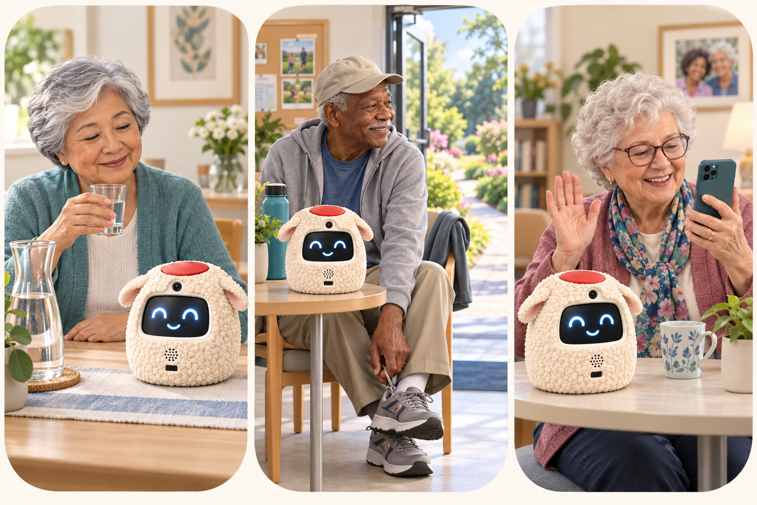Concept illustration in three panels: an older adult drinking water, another preparing for a walk, and another using a phone, each beside the cream sheep-shaped Elphi robot.